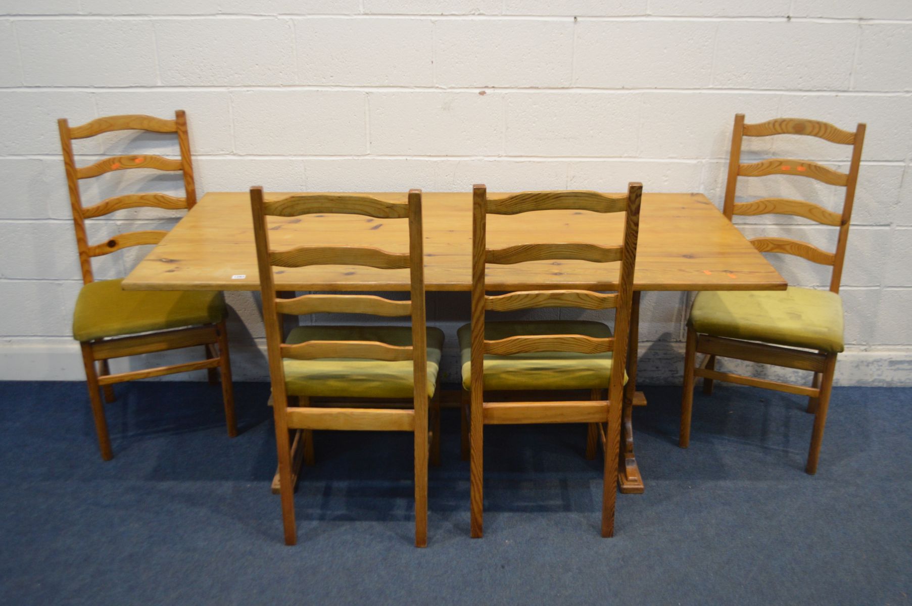 A PINE KITCHEN TABLE, length 168cm x depth 84cm x height 74cm and four ladderback chairs (5)