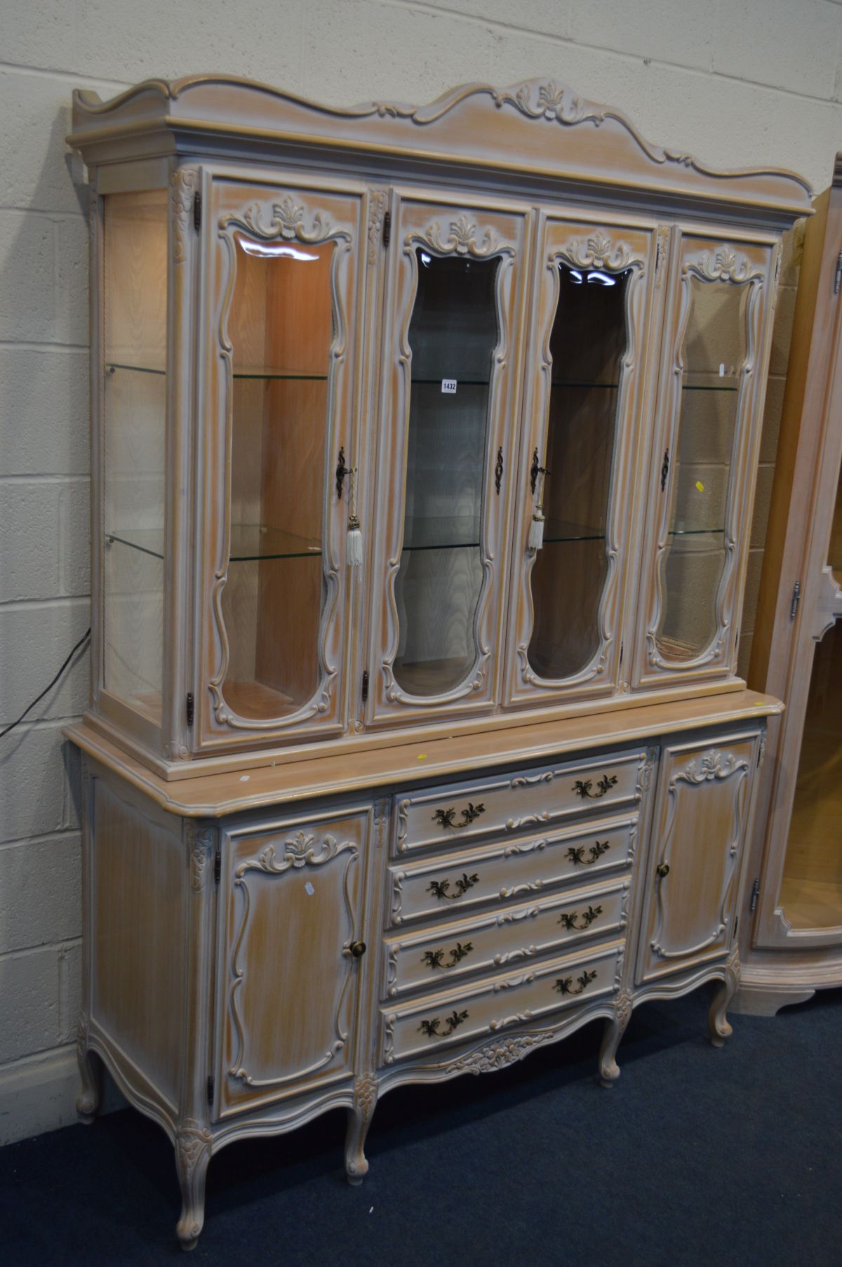 A BLEACHED FINISH ITALIAN FOUR DOOR DISPLAY CABINET, with four central drawers, width 149cm x - Image 2 of 4