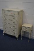 A TALL CREAM FRENCH CHEST OF SIX DRAWERS, width 78cm x depth 48cm x height 125cm and a single