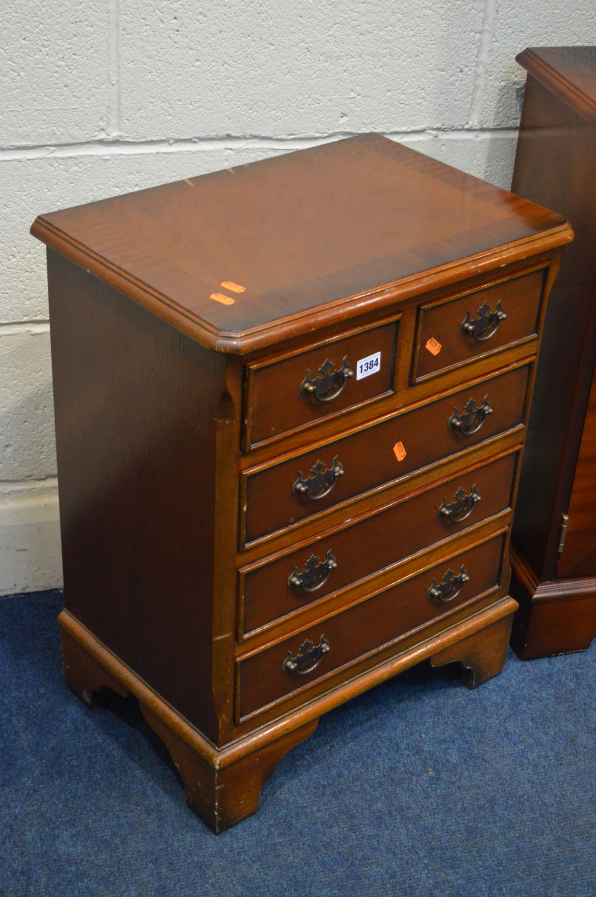 A SMALL MAHOGANY CHEST OF TWO OVER THREE DRAWERS, a mahogany two door cabinet, cd rack, sofa - Image 2 of 3