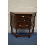 AN OLD CHARM CANTED SINGLE DOOR CREDENCE CABINET, width 81cm x depth 33cm x height 71cm (missing
