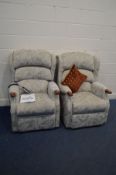 TWO CELEBRITY PATTERNED GREY UPHOLSTERED ARMCHAIRS, to include one electric rise and recline