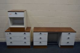 A WHITE PAINTED AND TEAK THREE PIECE BEDROOM SUITE, comprising a dressing table, chest of three