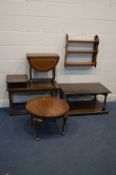 AN OAK THREE TIER HANGING SHELF with pierced sides, along with an oak coffee table, telephone table,