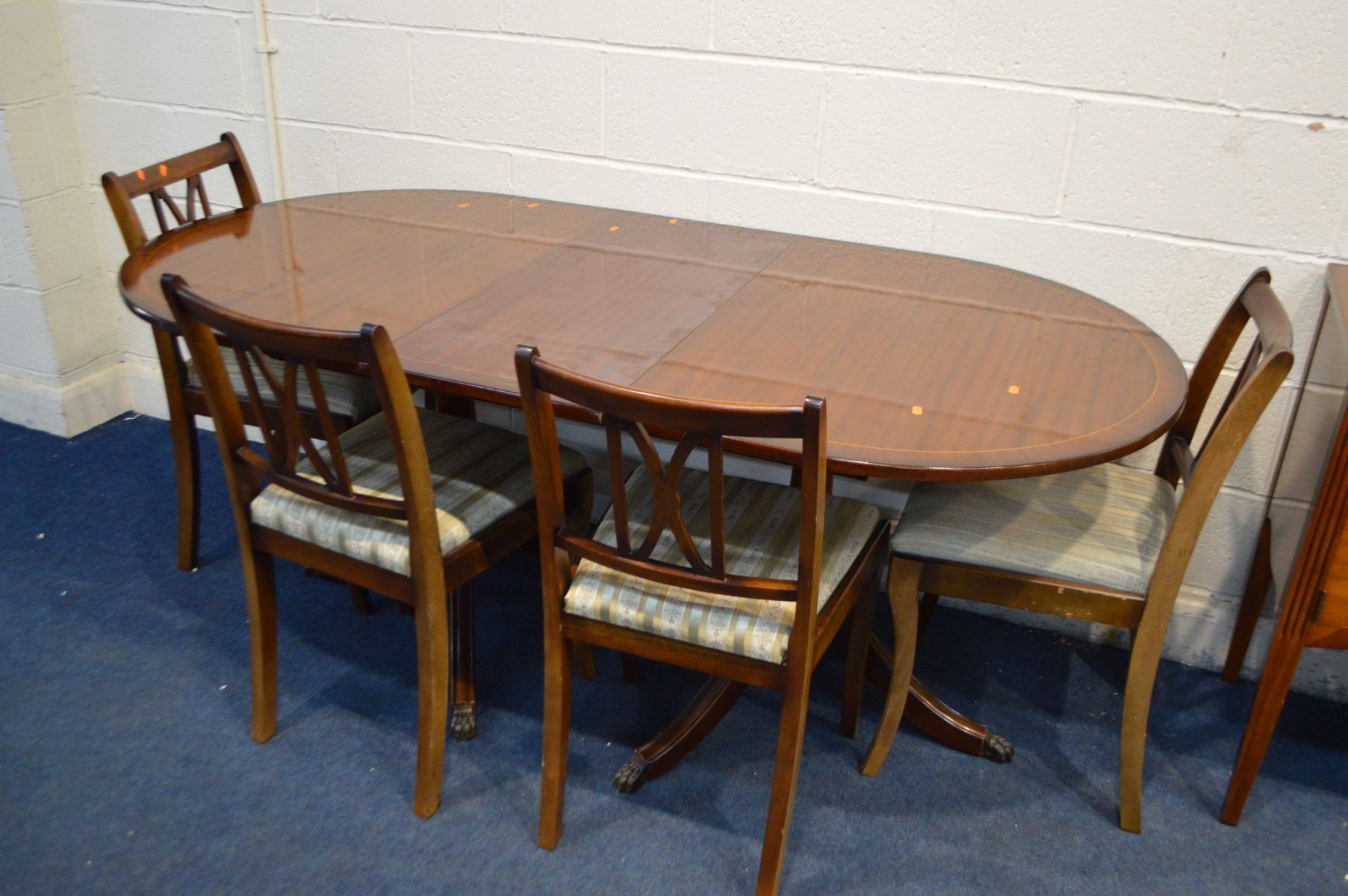 A MAHOGANY DINING TABLE, one additional leaf, four chairs and a serpentine sideboard (6) - Image 2 of 3