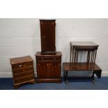 A SMALL MAHOGANY CHEST OF TWO OVER THREE DRAWERS, a mahogany two door cabinet, cd rack, sofa