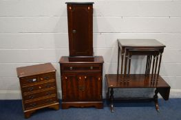 A SMALL MAHOGANY CHEST OF TWO OVER THREE DRAWERS, a mahogany two door cabinet, cd rack, sofa