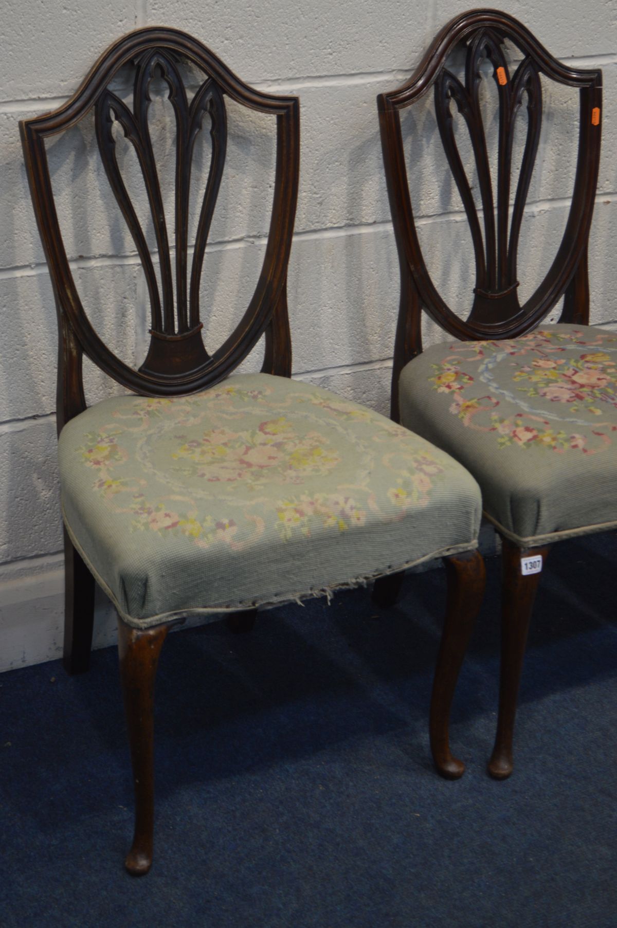 A SET OF FOUR 19TH CENTURY MAHOGANY CHAIRS, with a gothic style back, needlework upholstery on - Image 2 of 4