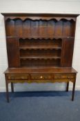 A GEORGIAN AND LATER OAK AND MAHOGANY CROSS BANDED DRESSER, the top with an arrangement of shelves