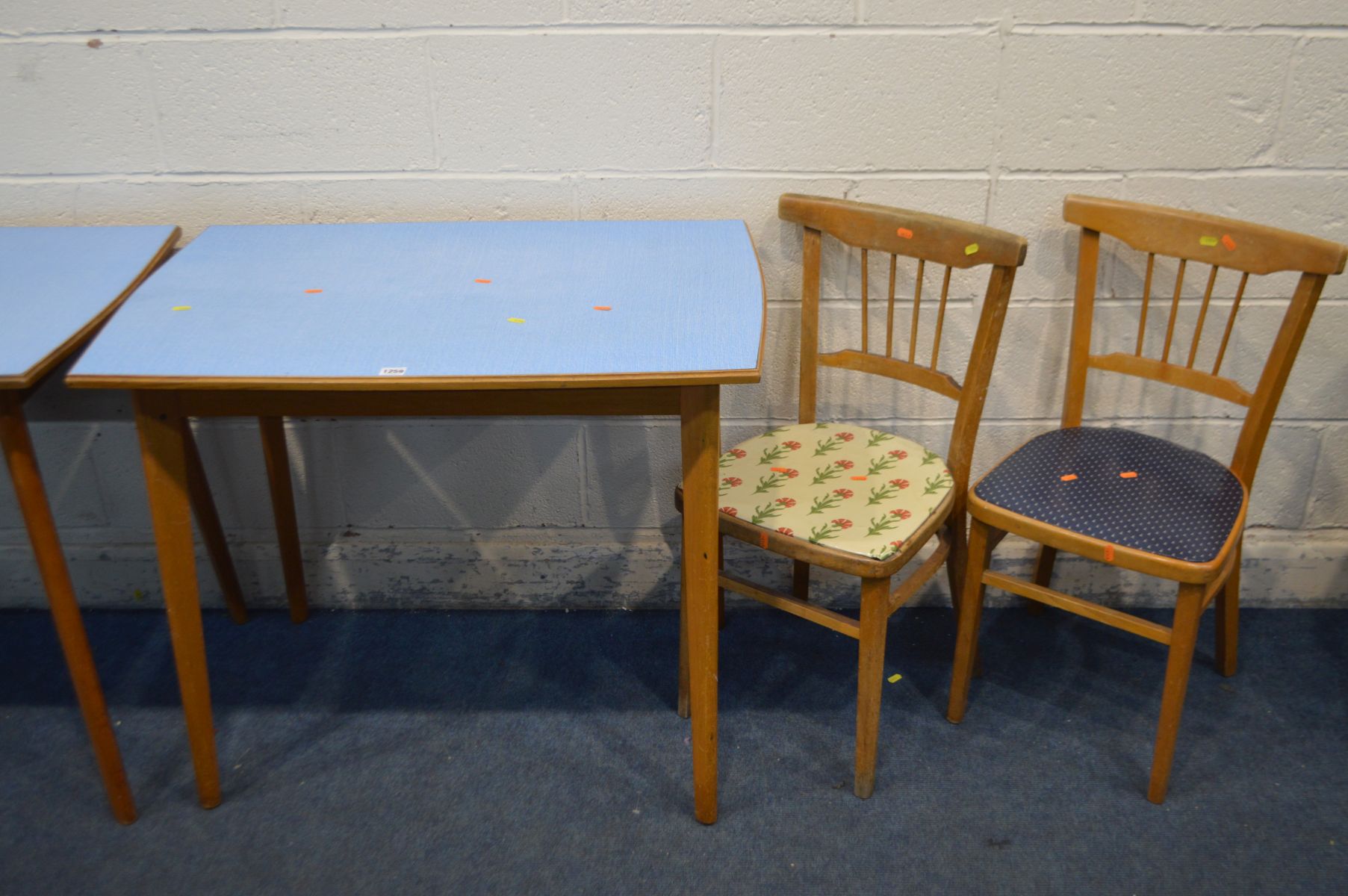 A PAIR OF MATCHING FORMICA TOPPED KITCHEN TABLES, width 92cm x depth 61cm x height 77cm and four - Image 2 of 3