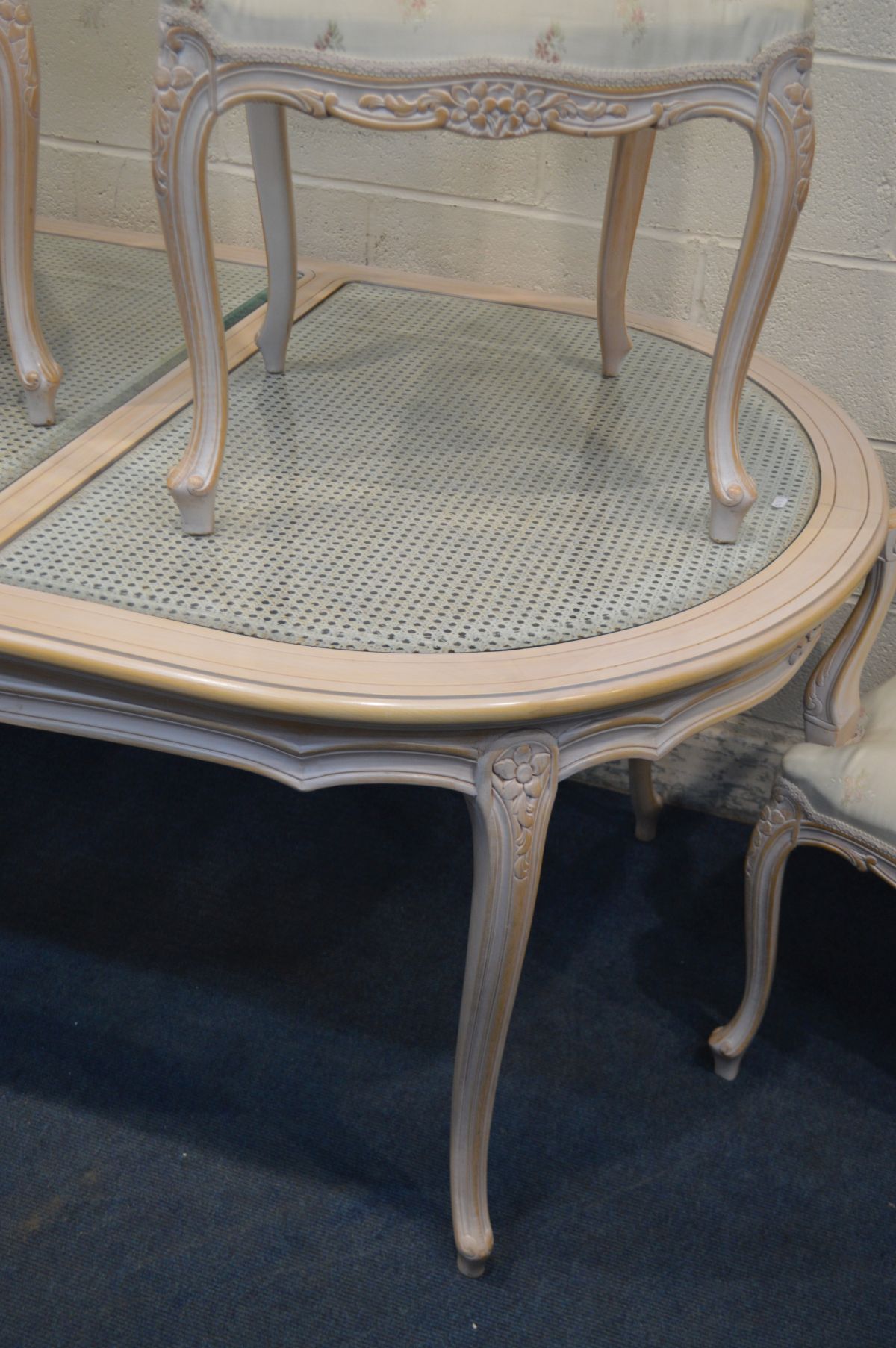 A BLEACHED FINISH ITALIAN STYLE DINING TABLE, with triple glass inserts above bergère detail, length - Image 5 of 5