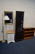 A PARTIALLY PAINTED OAK THREE DRAWER BEDSIDE CABINET, an oak bevelled edge wall mirror, 76cm x 53cm,