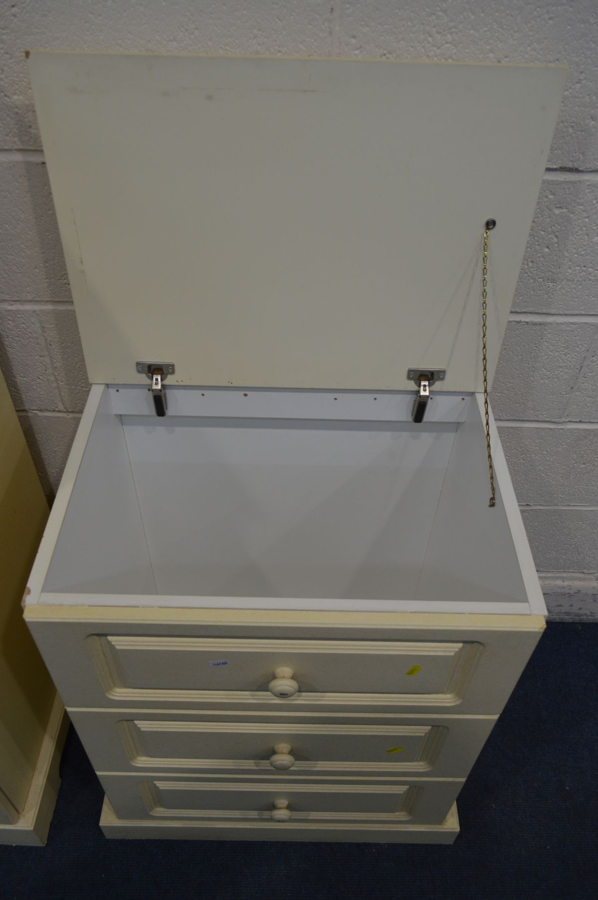 A MODERN TWO PIECE BABY CHANGING STORAGE CABINET, with double cupboard doors enclosing a slide, - Image 5 of 5