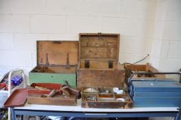 TWO VINTAGE WOODEN TOOLBOXES, a metal toolbox and a wooden crate containing hand tools including