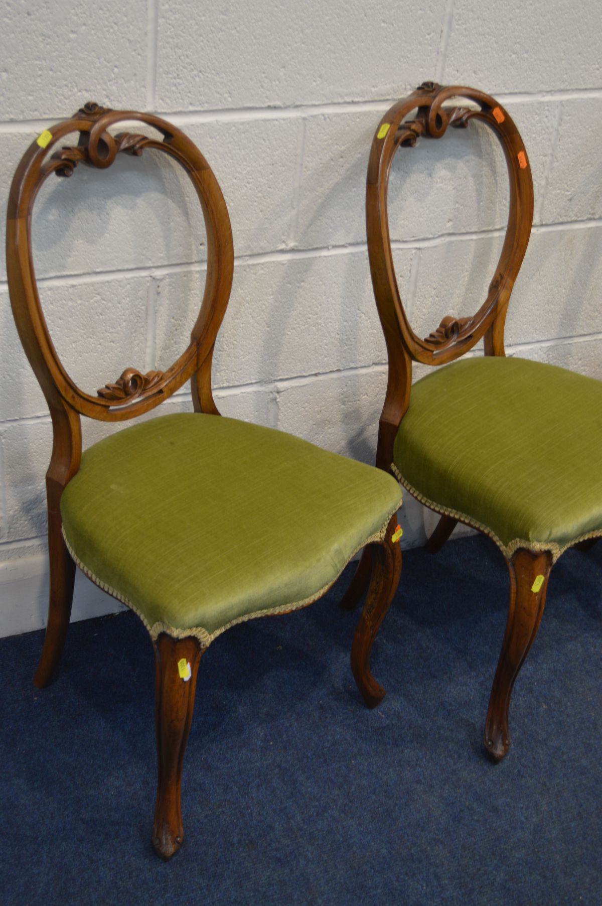 A SET OF SIX VICTORIAN WALNUT BALLON BACK CHAIRS, with foliate cresting rail, green upholstered seat - Image 2 of 4