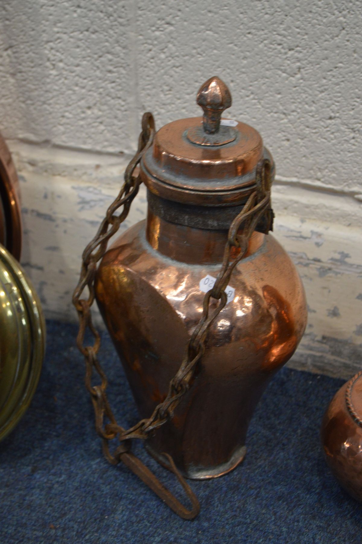 A QUANTITY OF BRASS AND COPPER, to include an antique copper water bottle, four various warming - Image 3 of 3