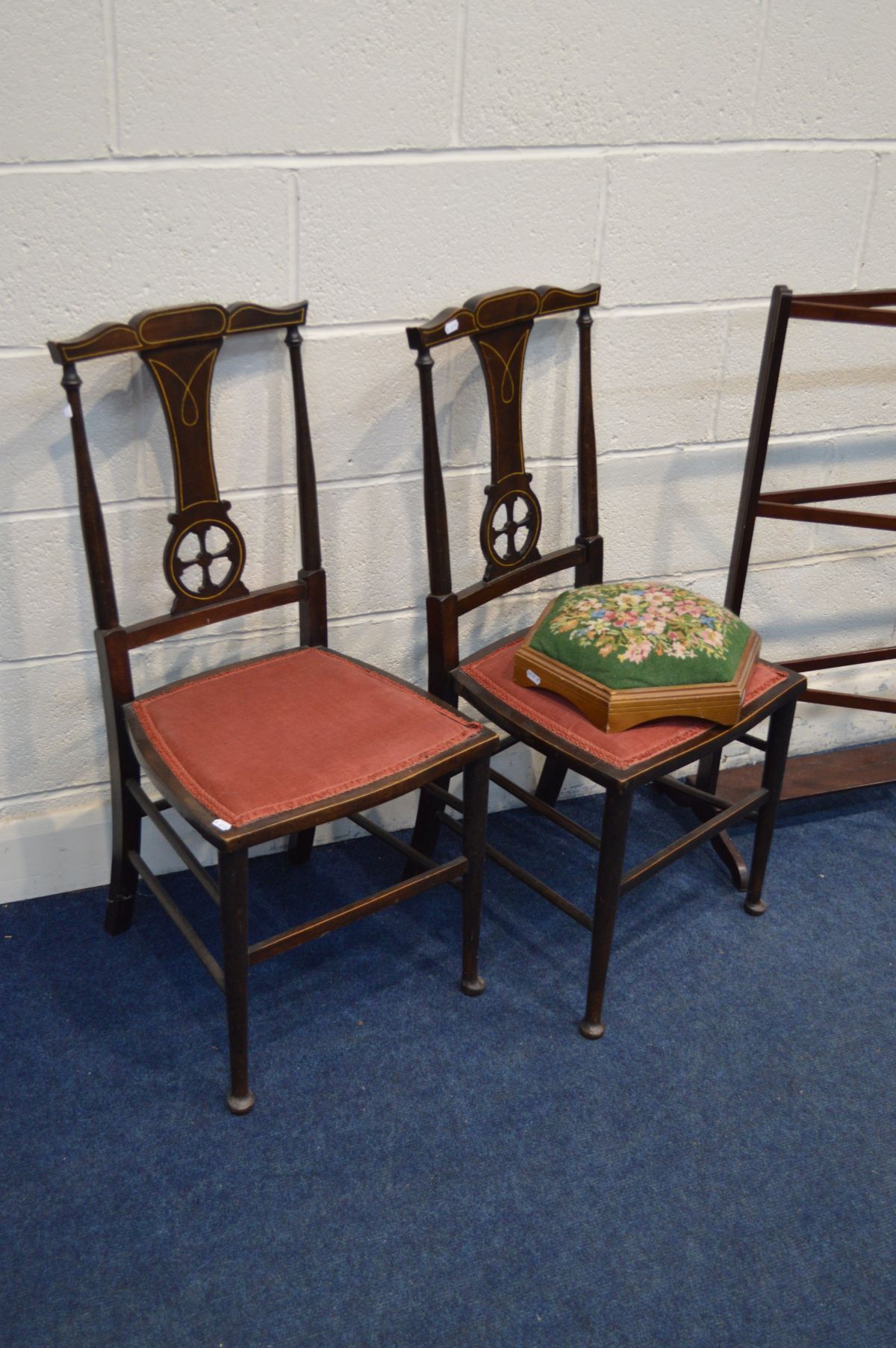 A MAHOGANY FOLDING CLOTHES AIRER (repairs) along with a pair of Edwardian mahogany chairs, demi lune - Image 2 of 2