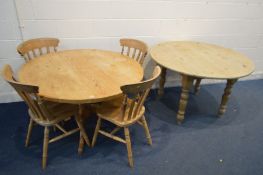 A PINE CIRCULAR PEDESTAL KITCHEN TABLE and four pine kitchen chairs together with a late Victorian