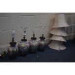 TWO PAIRS OF ORIENTAL CERAMIC TABLE LAMPS, with fabric shades (Sd to some shades)