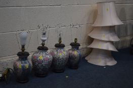 TWO PAIRS OF ORIENTAL CERAMIC TABLE LAMPS, with fabric shades (Sd to some shades)