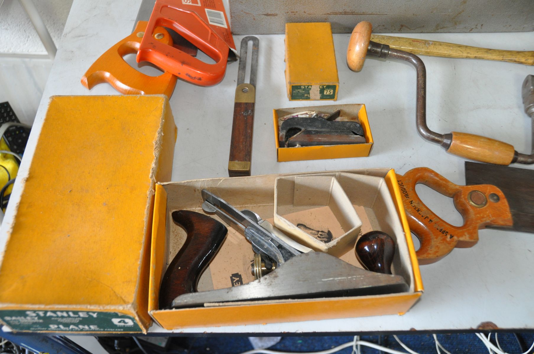 TWO METAL LIDDED BOXES containing carpenters tools including a boxed Stanley No4 plane, a boxed - Image 2 of 5