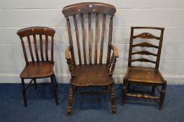 A VICTORIAN OAK AND BEECH WINDSOR ARMCHAIR together with a Victorian elm kitchen chair and a