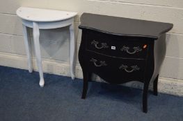 A MODERN BLACK PAINTED BOMBE COMMODE (Sd) together with a white painted demi lune table (2)