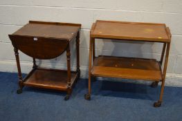 AN OAK DROP LEAF TEA TROLLEY, and another oak tea trolley (2)