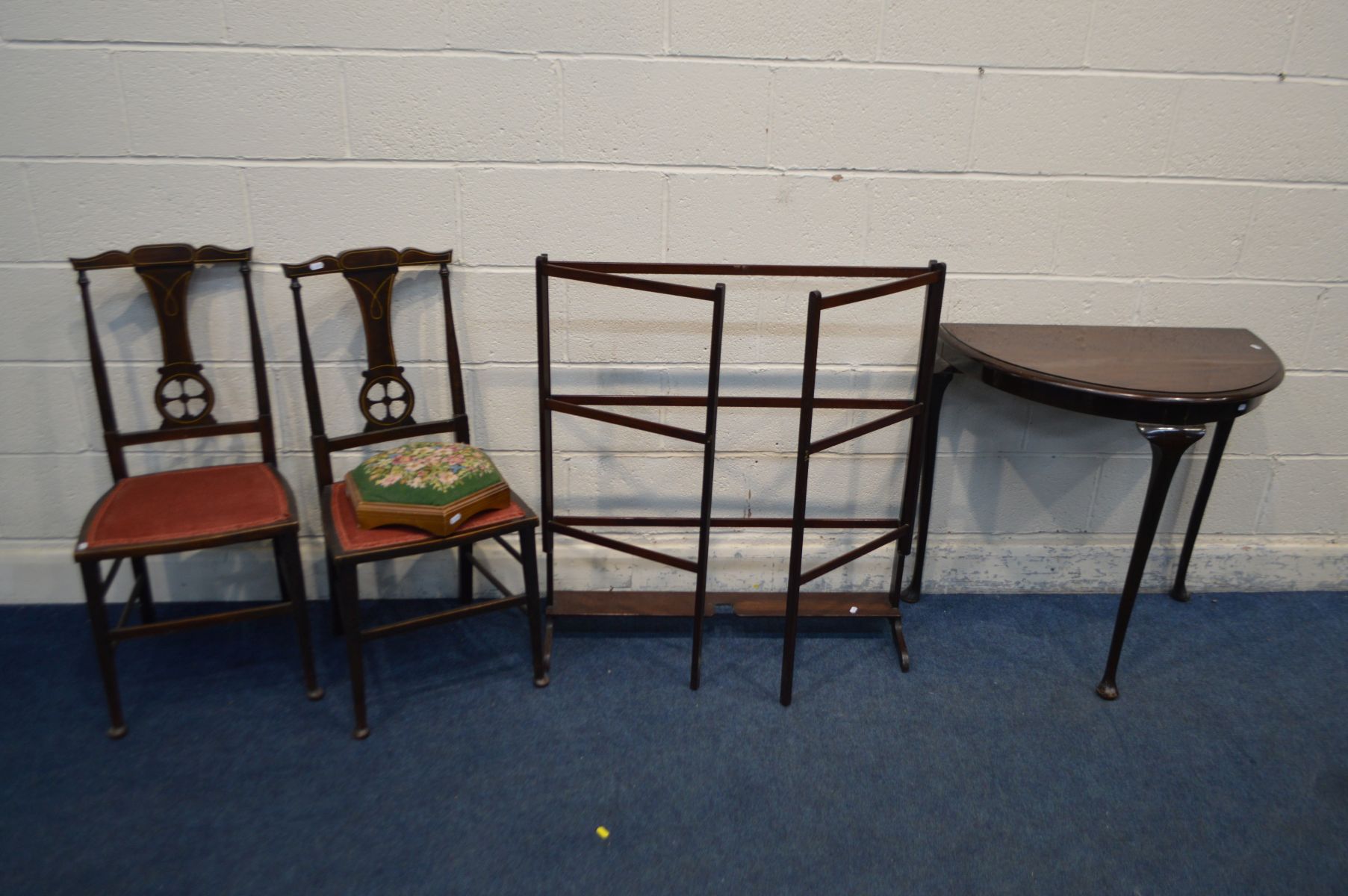 A MAHOGANY FOLDING CLOTHES AIRER (repairs) along with a pair of Edwardian mahogany chairs, demi lune