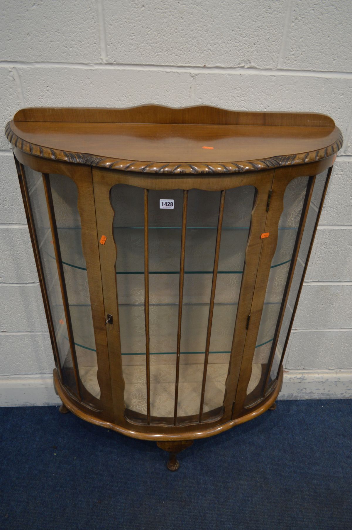 A 1930'S WALNUT DEMI LUNE CHINA CABINET, two glass shelves, on cabriole legs, width 92cm x depth - Image 2 of 2