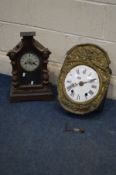 A FRENCH BRASS COMTOISE WALL CLOCK, with an enamel dial (winding handle) and a mantel clock (