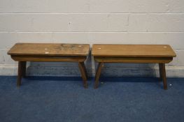 A PAIR OF BEECH STOOLS, length 92cm (Sd to finish)