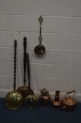 A QUANTITY OF BRASS AND COPPER, to include an antique copper water bottle, four various warming