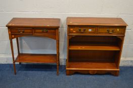 A YEWWOOD OPEN BOOKCASE with two drawers and similar hall table (2)