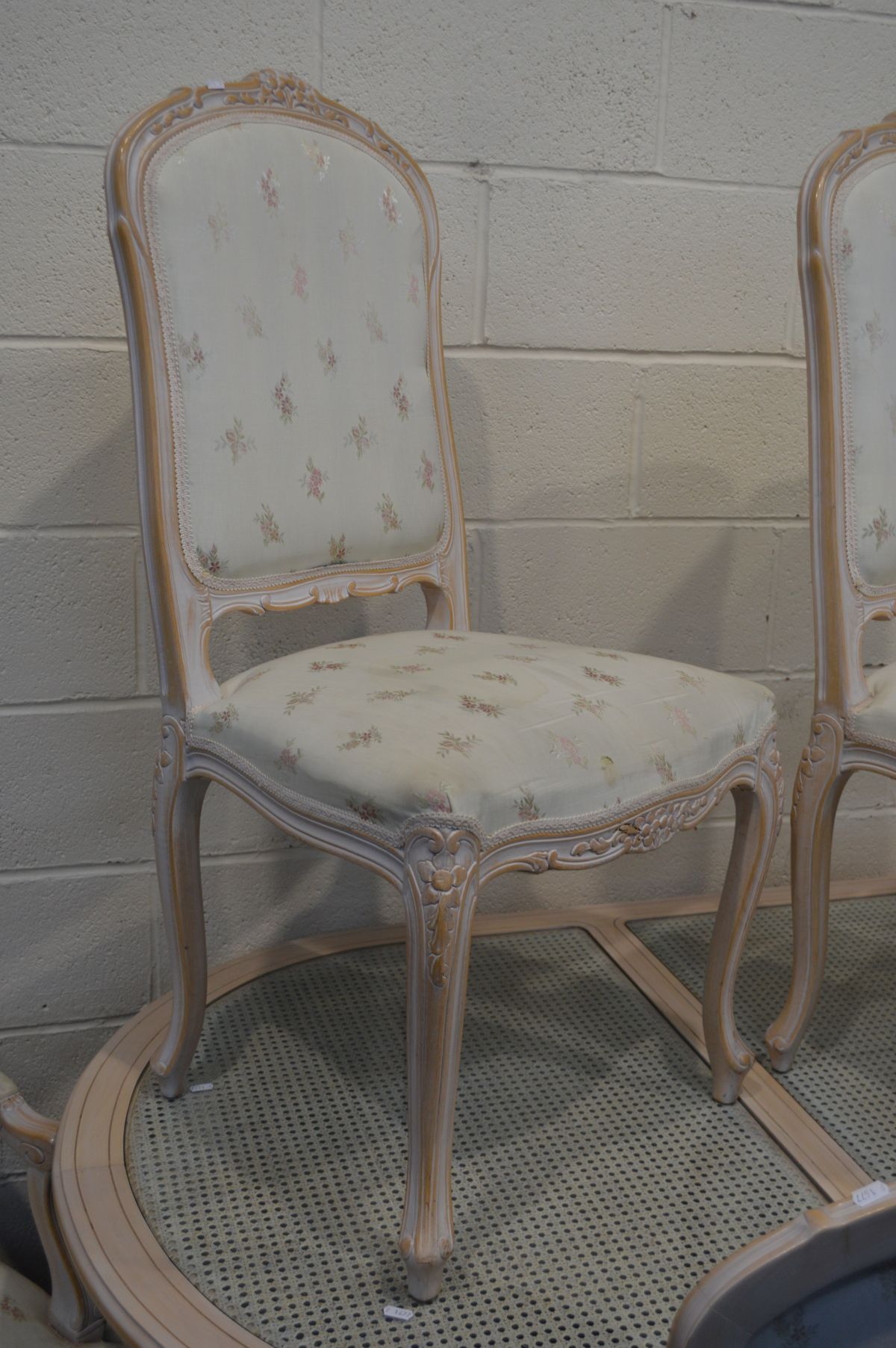 A BLEACHED FINISH ITALIAN STYLE DINING TABLE, with triple glass inserts above bergère detail, length - Image 2 of 5