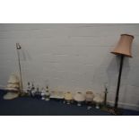 A QUANTITY OF LIGHTING to include three oriental style ceramic table lamps, a brass column table