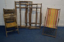 FIVE RETRO FOLDING DECK CHAIRS (one with stripped fabric) and four beech folding chairs (9)