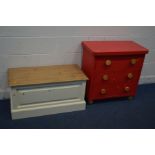 A PINE AND PARTIALLY PAINTED BLANKET CHEST, width 92cm, a red finish chest of three drawers with