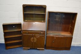 A SMALL MAHOGANY OPEN BOOKCASE, along with a 1930's/40's bureau/bookcase (marriage) and a glazed