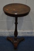 A VICTORIAN ROSEWOOD CIRCULAR OCCASIONAL TABLE, on a turned support and triform base, diameter