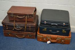 SIX VARIOUS VINTAGE SUITCASES, including three leather, (Sd)