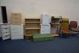 A QUANTITY OF OCCASIONAL FURNITURE, to include a beech open bookcase, painted chest of four drawers,