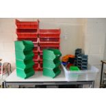 A QUANTITY OF WORKSHOP TOOL BINS including RS bins of 3 sizes from 41cm wide ,10cm wide x 17cm