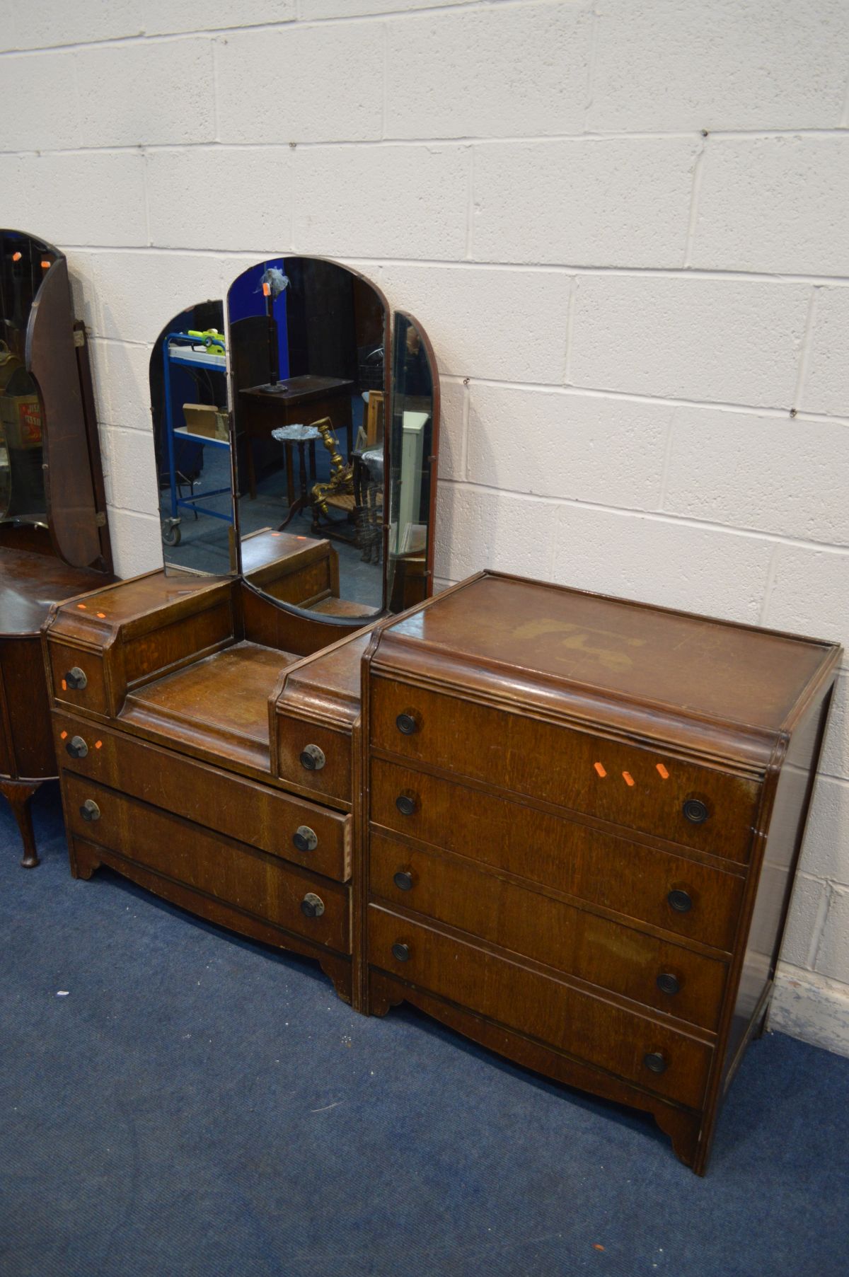TWO 1930'S/40'S OAK TWO PIECE BEDROOM SUITES, comprising a dressing table and tallboys/chest of - Image 2 of 3
