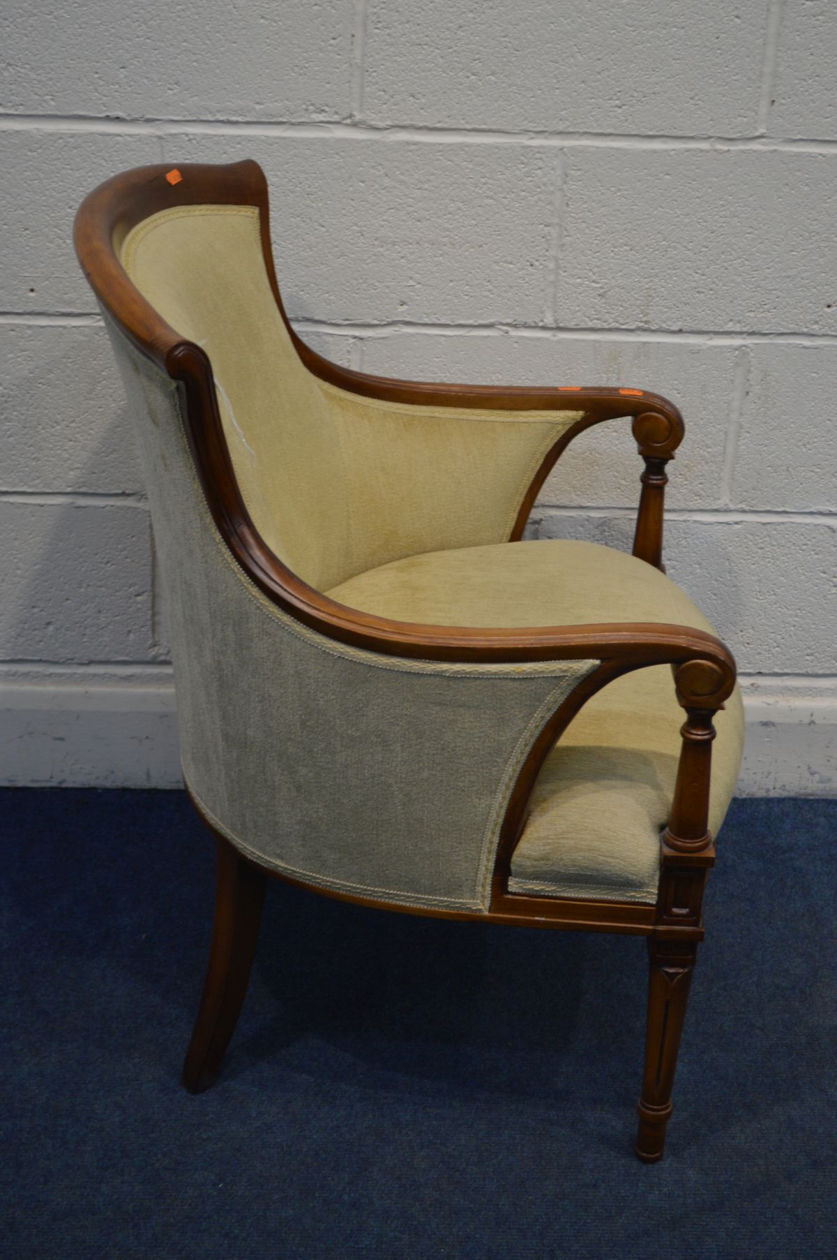 A REPRODUCTION MAHOGANY AND GOLD UPHOLSTERED FRENCH STYLE ARMCHAIR, on fluted front legs - Image 2 of 2