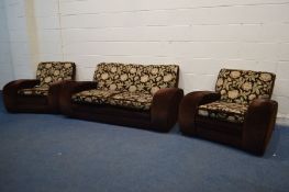 AN ART DECO THREE PIECE SUITE, comprising a two seater settee and a pair of armchairs