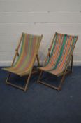 TWO RETRO STRIPPED FOLDING DECK CHAIRS and three metal stripped folding chairs (5)