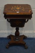 A VICTORIAN ROSEWOOD AND MARQUETRY INLAID WORK TABLE, canted corners, the lid enclosing an