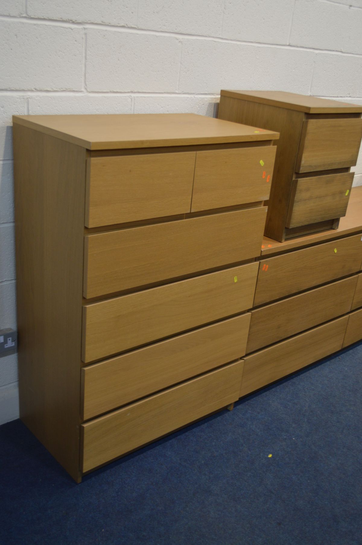 FOUR MATCHING STYLE LIGHT OAK FINISH CHEST OF DRAWERS, to include a sideboard/chest of six - Image 2 of 2