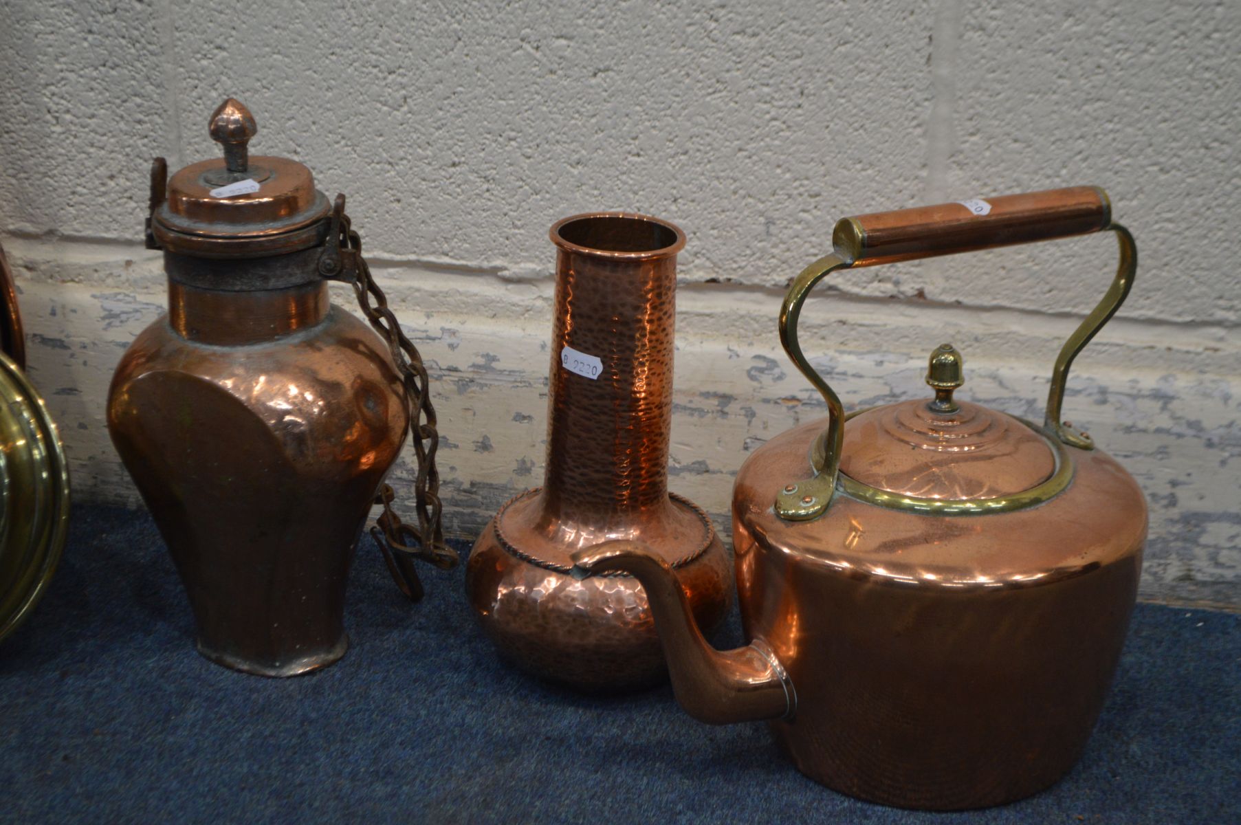 A QUANTITY OF BRASS AND COPPER, to include an antique copper water bottle, four various warming - Image 2 of 3